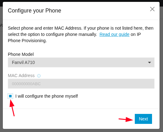 IP phone and model selection page
