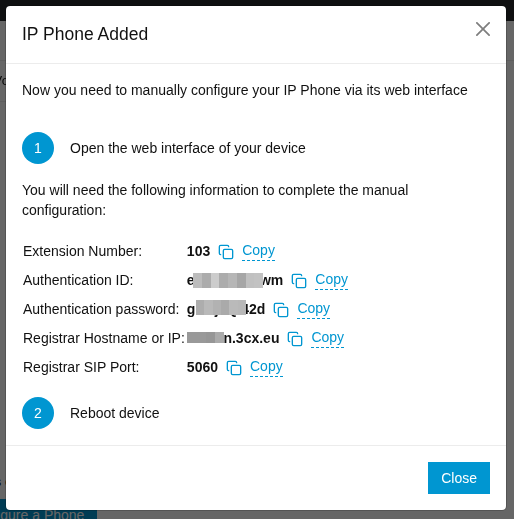 Screenshot of SIP credentials for ip phone registration